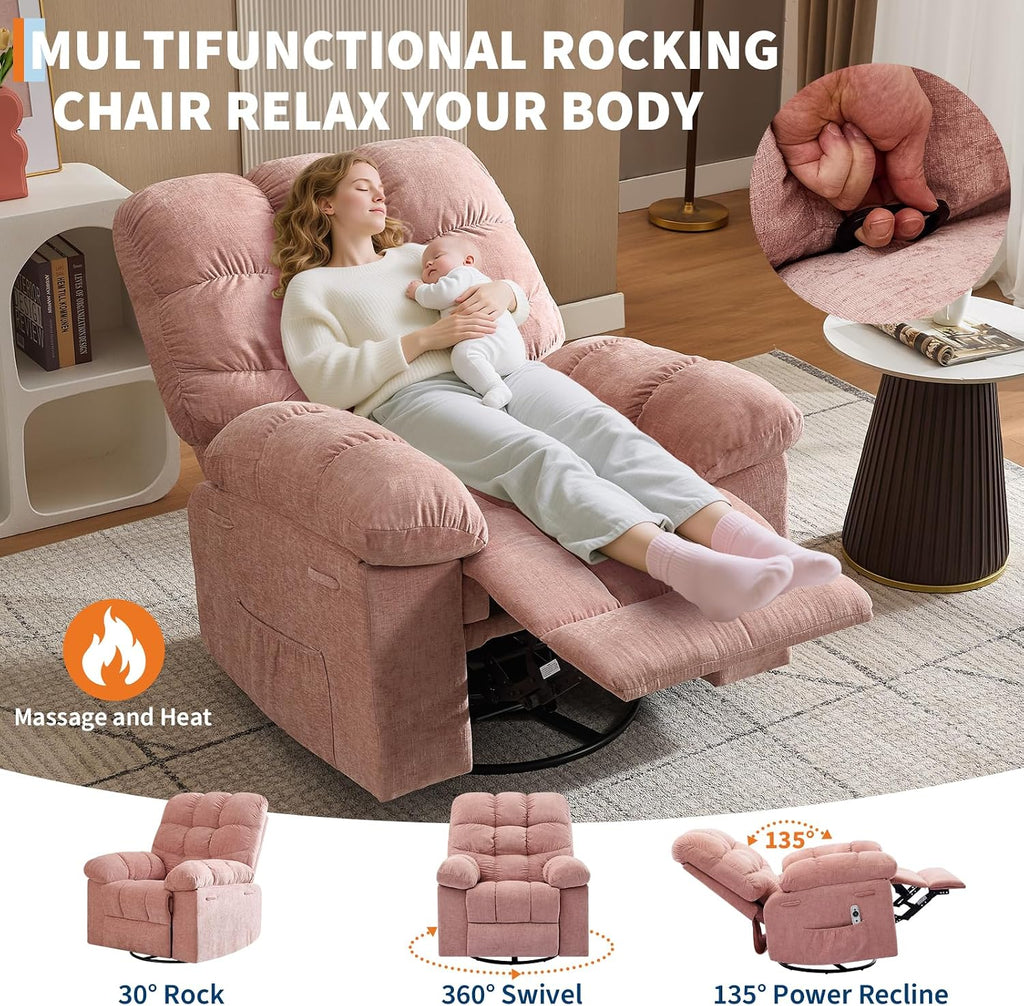 Garvee Rocking Recliner Chairs,Massage Recliner Chair with Vibration Massage and Heat,360° Swivel Rocking Recliner Chair with Side Pockets Cup Holders,for Living Room,Bedroom,Home Theater