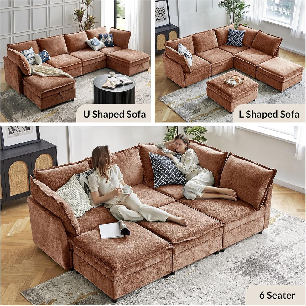 HULALA HOME 97'' Modular Sectional Sofa, L Shaped Couch with Storage Ottoman, Comfy Chenille Sofa with Deep Seat, 4 Seat Convertible Sectional Couches for Living Room, Burnt Orange