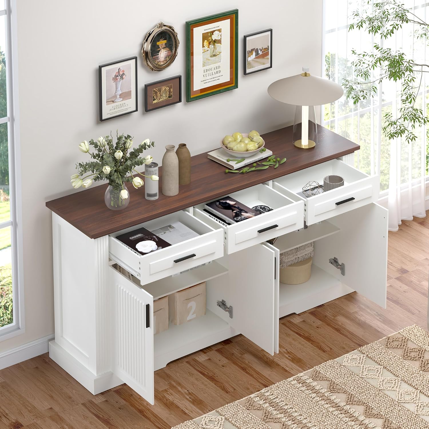 RiteSune Buffet Cabinet with Storage, 63' Modern Farmhouse Coffee Bar Cabinets with 3 Drawers and 4 Doors, Black Sideboard Buffet Cabinet, Wood Buffet Storage Table for Kitchen, Dining Room (White)