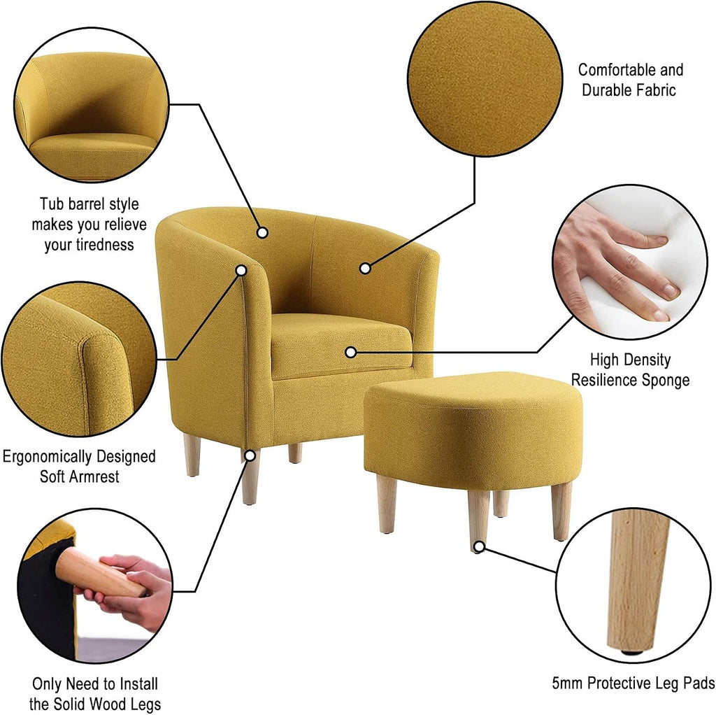 DAZONE Modern Accent Chair, Upholstered Arm Chair Linen Fabric Single Sofa Chair with Ottoman Foot Rest Mustard Yellow Comfy Armchair for Living Room Bedroom Small Spaces Apartment Office