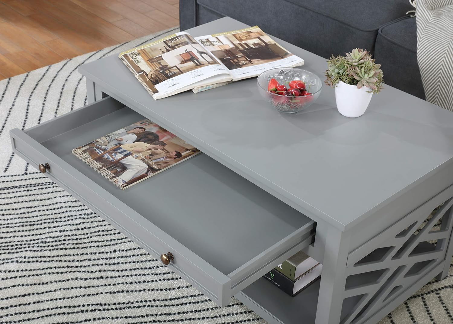 Coventry 36 in. W Wood Coffee Table, Traditional Modern Design, Includes Open Detailing & Storage Shelf, Gray Finish, Cottage, Loft, Apartment, Accent Furniture, End Table, Side Table