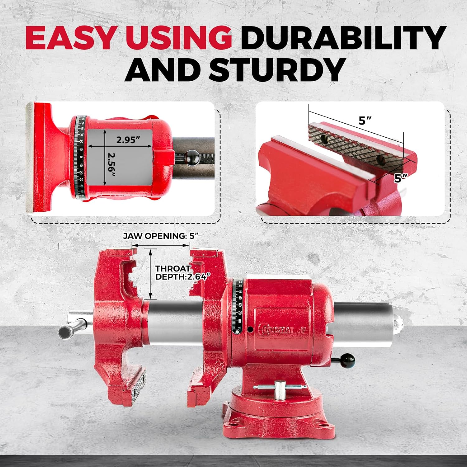 Upgraded UPG 5-Inch Terminal Location Bench Vise with Ductile Iron Bench Vise 360° Multi-Purpose Bench Vice with Anvil and Positioning Pins, Clamp force 8800lbs, Red Swivel Vise