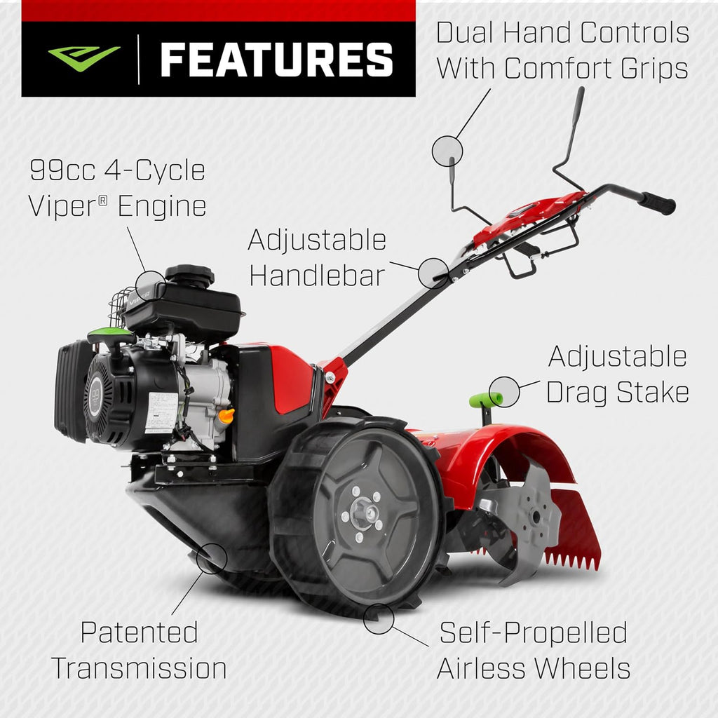 EARTHQUAKE 31285 Pioneer Dual Direction Rear Tine Tiller with Instant Reverse, Airless Wheels, 17' Width, 11' Tilling Depth, 99cc 4-Cycle Viper Engine, Black/Red