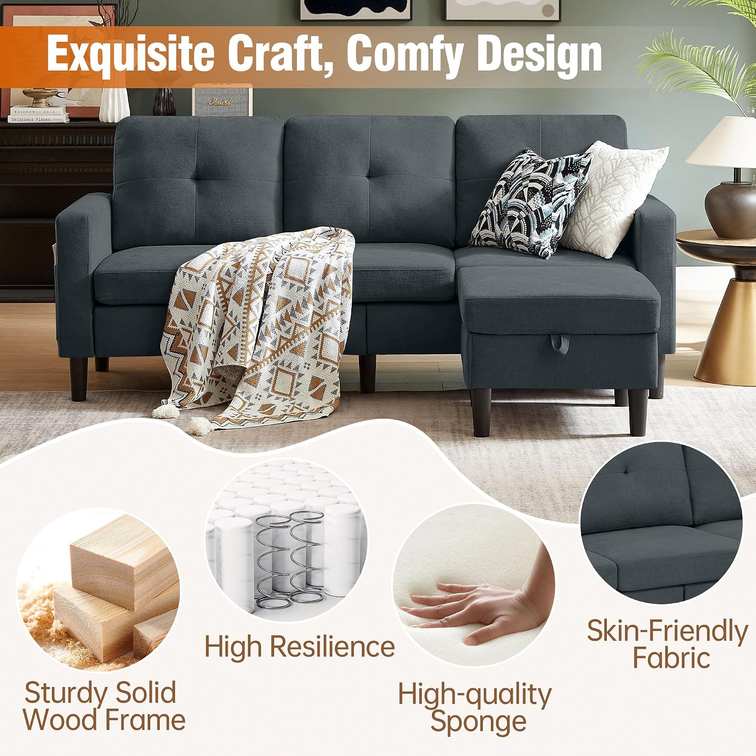 Sectional Sofa Couches for Living Room, L Shaped Couch 3-Seat Convertible Sectional Sofas with Removable Storage Ottoman, Modern Polyester Fabric (Dark Grey)