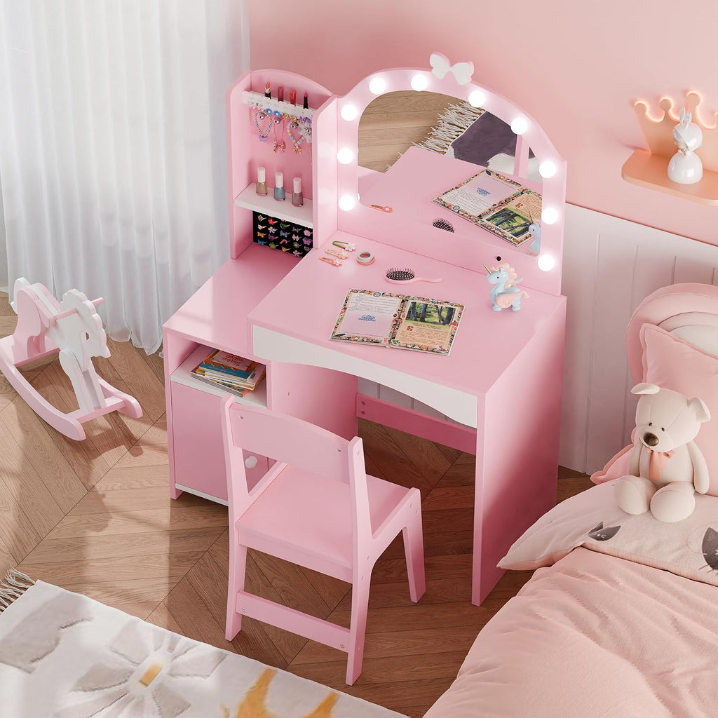 MU Kids Vanity, Girl Vanity Set with Mirror and Chair, 2 in 1 Toddler Makeup Vanity Table with Jewelry Storage, Wooden Princess Makeup Desk Dressing Table for Little Girls, Pink