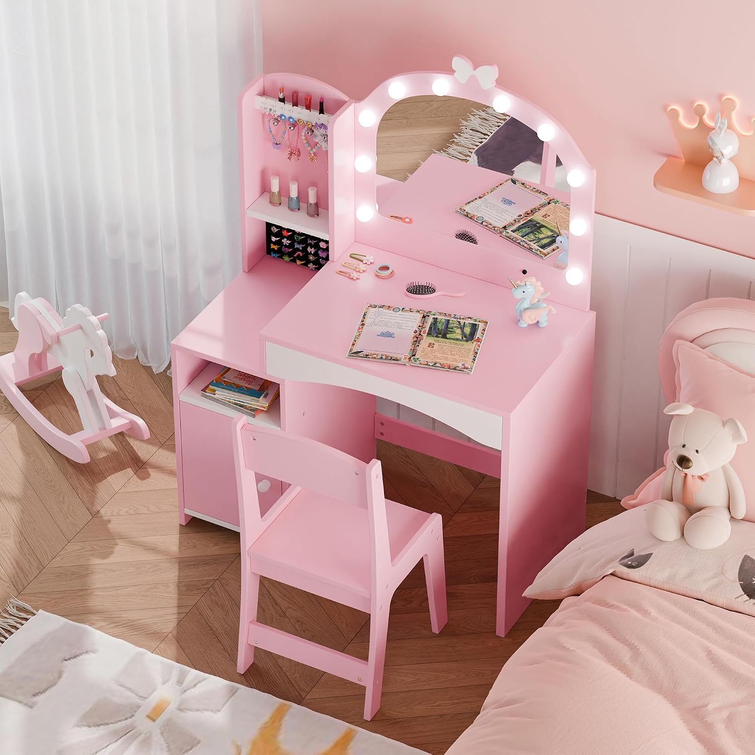 MU Kids Vanity, Girl Vanity Set with Mirror and Chair, 2 in 1 Toddler Makeup Vanity Table with Jewelry Storage, Wooden Princess Makeup Desk Dressing Table for Little Girls, Pink