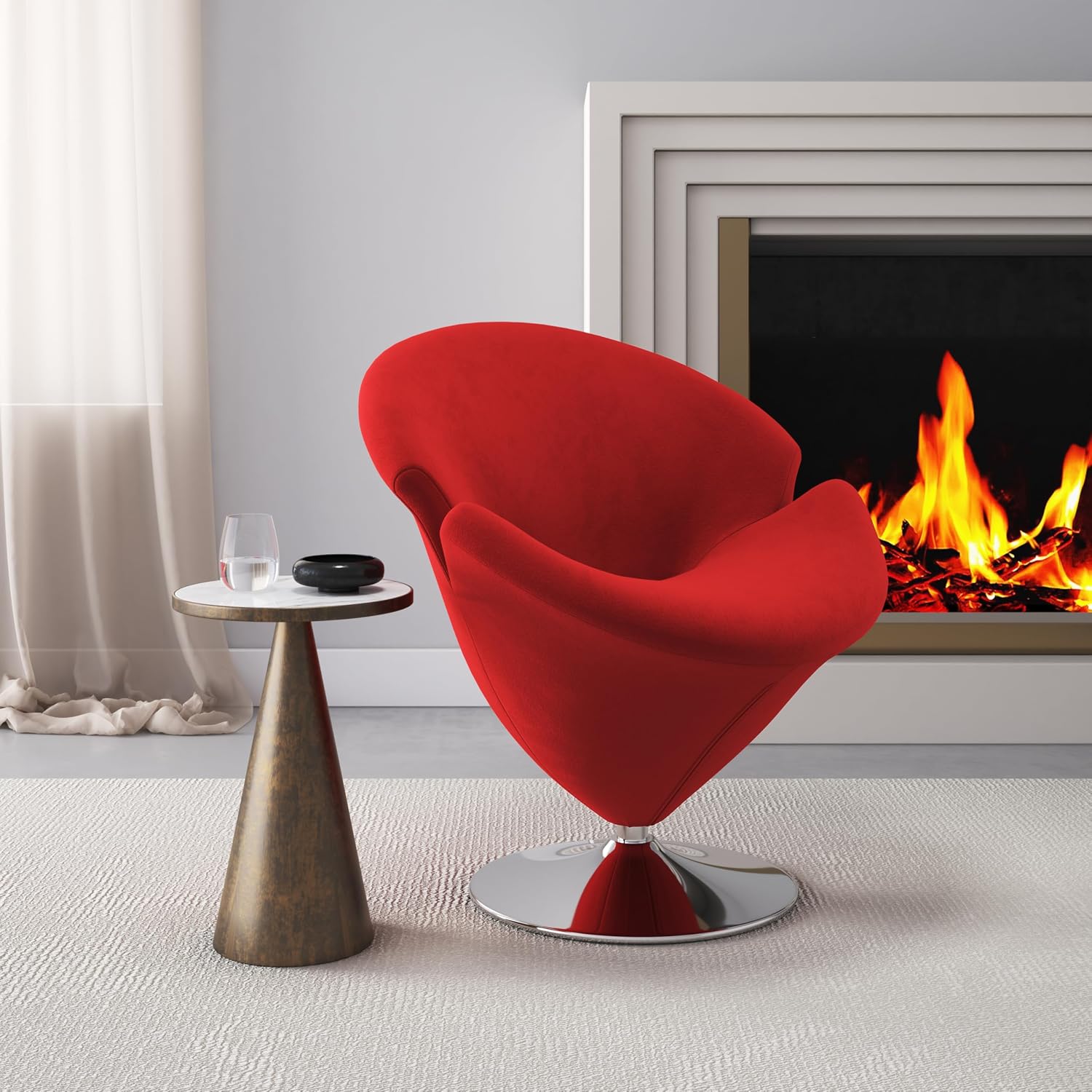 Manhattan Comfort Tulip Swivel Accent Chair with 360° Turn, Modern Flower Inspired Design, Soft Velvet Upholstery, Polished Chrome Base, No Assembly Required, 300 Lbs Capacity, Red