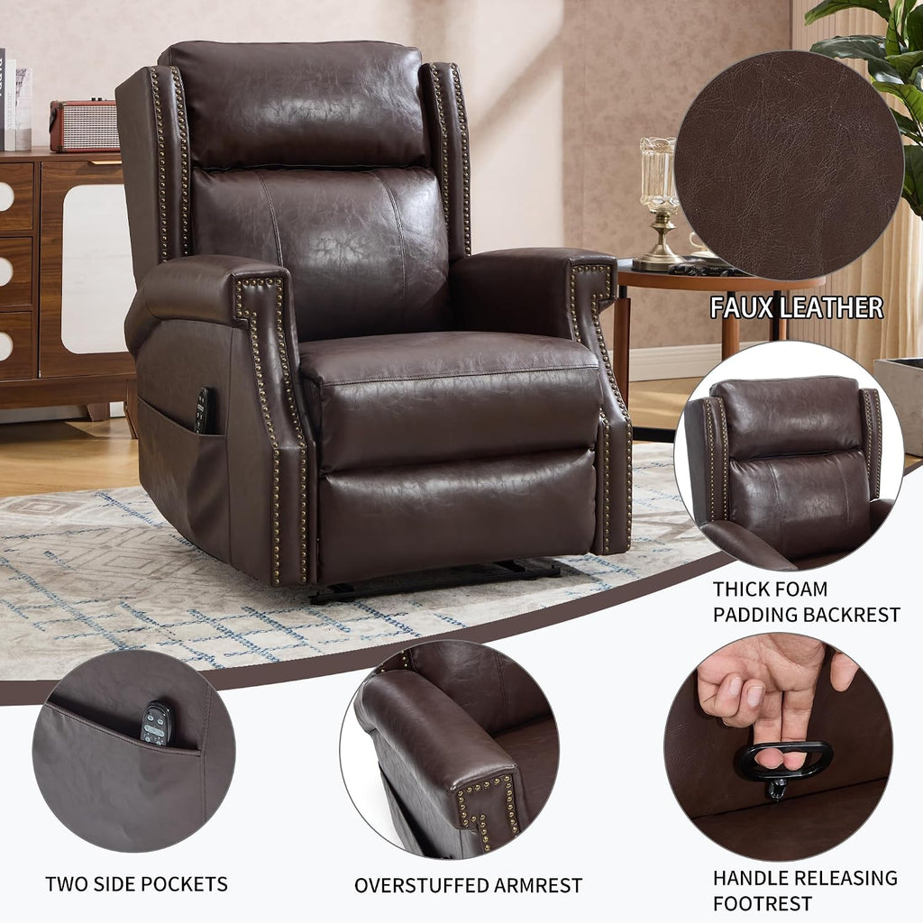 KEIKI Mid Century Modern Oversized Recliner Accent Chair for Adults, Manual Leather Recliner Chair with Back Massager and Heating for Living Room, Rocking Chaise Lounge Chair Indoor, Antique Brown