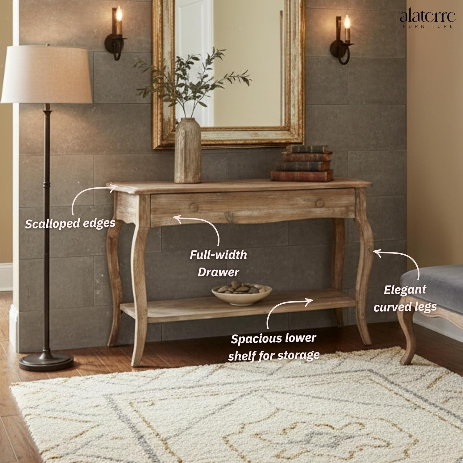 Austerity Rustic Console Table, 42 Inch with Curved Legs, Scalloped Edges, and Lower Shelf in Driftwood Finish - Natural and White Textured Antique Look Home Décor by Alaterre Furniture