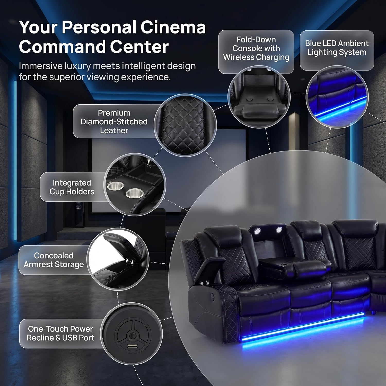 A Ainehome Power Furniture Reclining Sectional Sofa Set, Living Room Power Recliner Adjustable Sofa, Loveseat and Chair with USB Chargers/Storage Console for Living Room/Office(A-Black)