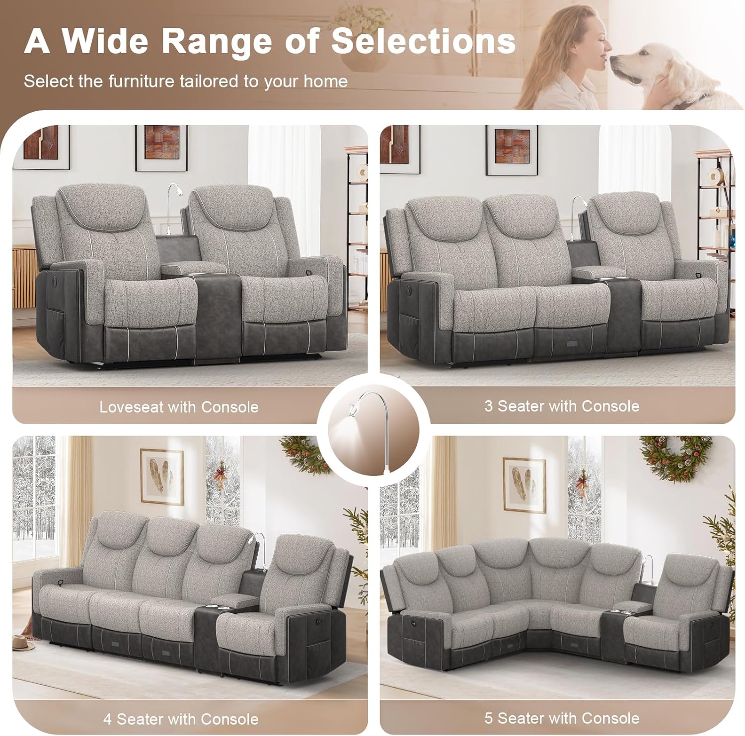 Dresegmt Living Room Furniture Set, Loveseat Recliner Sofa with Storage Console and 2 Oversize Recliner Chairs, Elegant Timeless Manual Reclining Couches for Living Room/RV (Grey, 2+1+1)