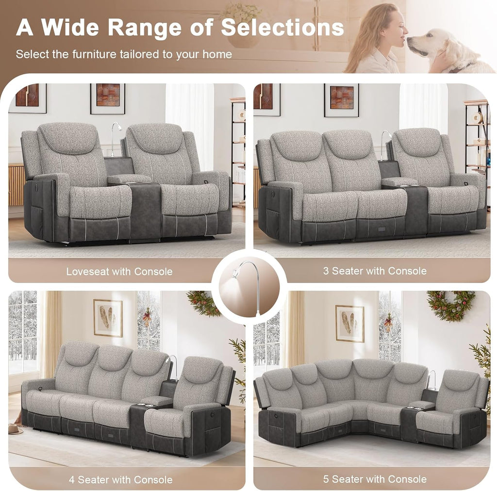 Dresegmt Recliner Sofa, 2 - Way Multi - Function Manual 3 Seater Couch with Cup Holders, Storage & USB Ports, Modern Multifunctional Sofa, Grey Linen & Leather Reclining Couch for Living Room
