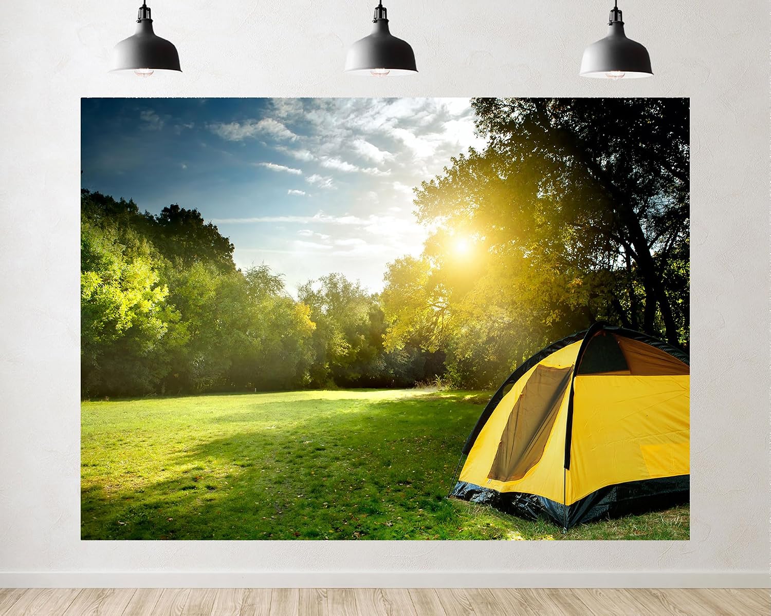 Trykid 20x10ft Yellow Tent Green Forest Camping Backdrop Outdoor Adventure Nature Photography Background Travel Event Tapestry Party Decoration Photo Studio Prop Fabric