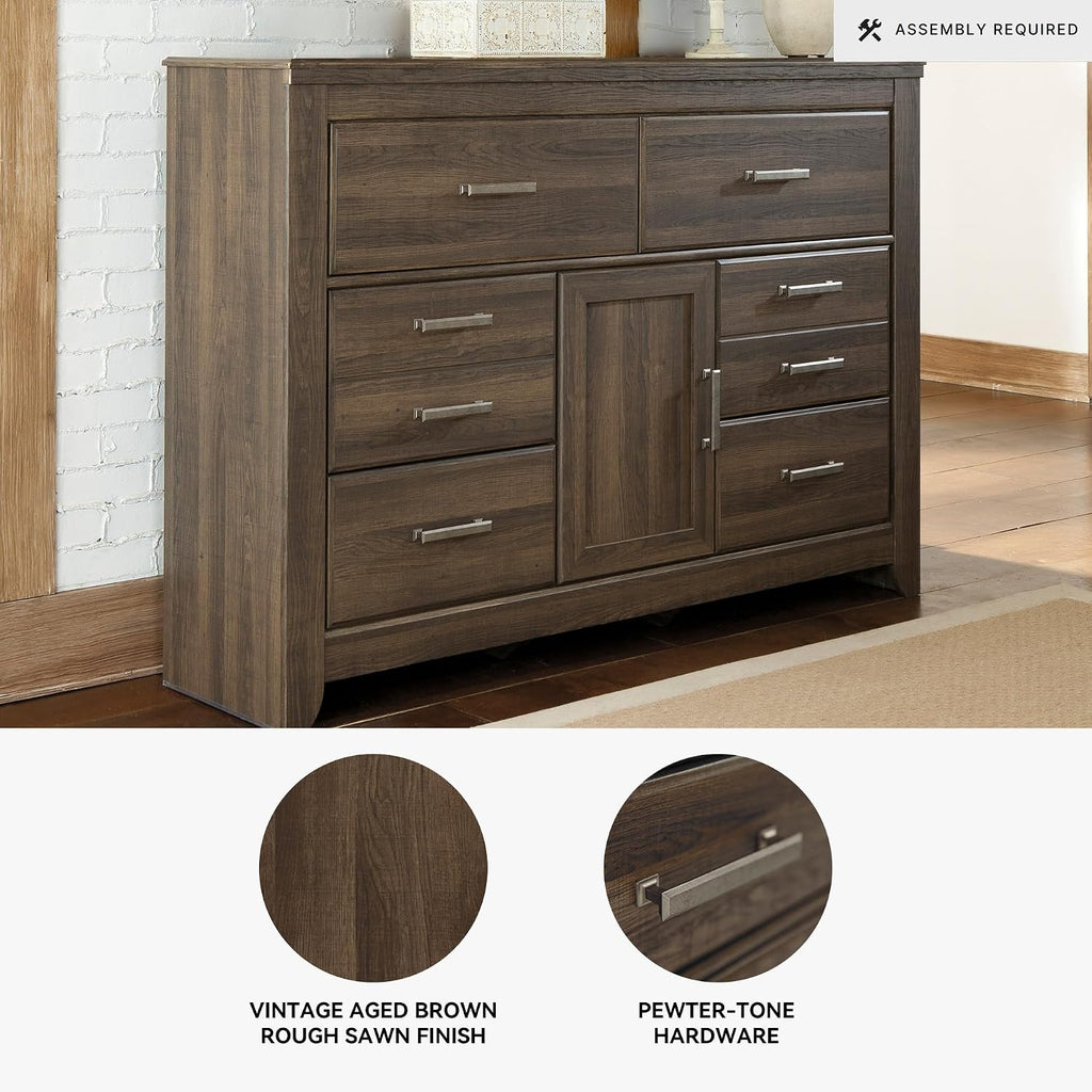 Signature Design by Ashley Juararo Rustic 6 Drawer Dresser with 1 Cabinet & Adjustable Shelf, Dark Brown