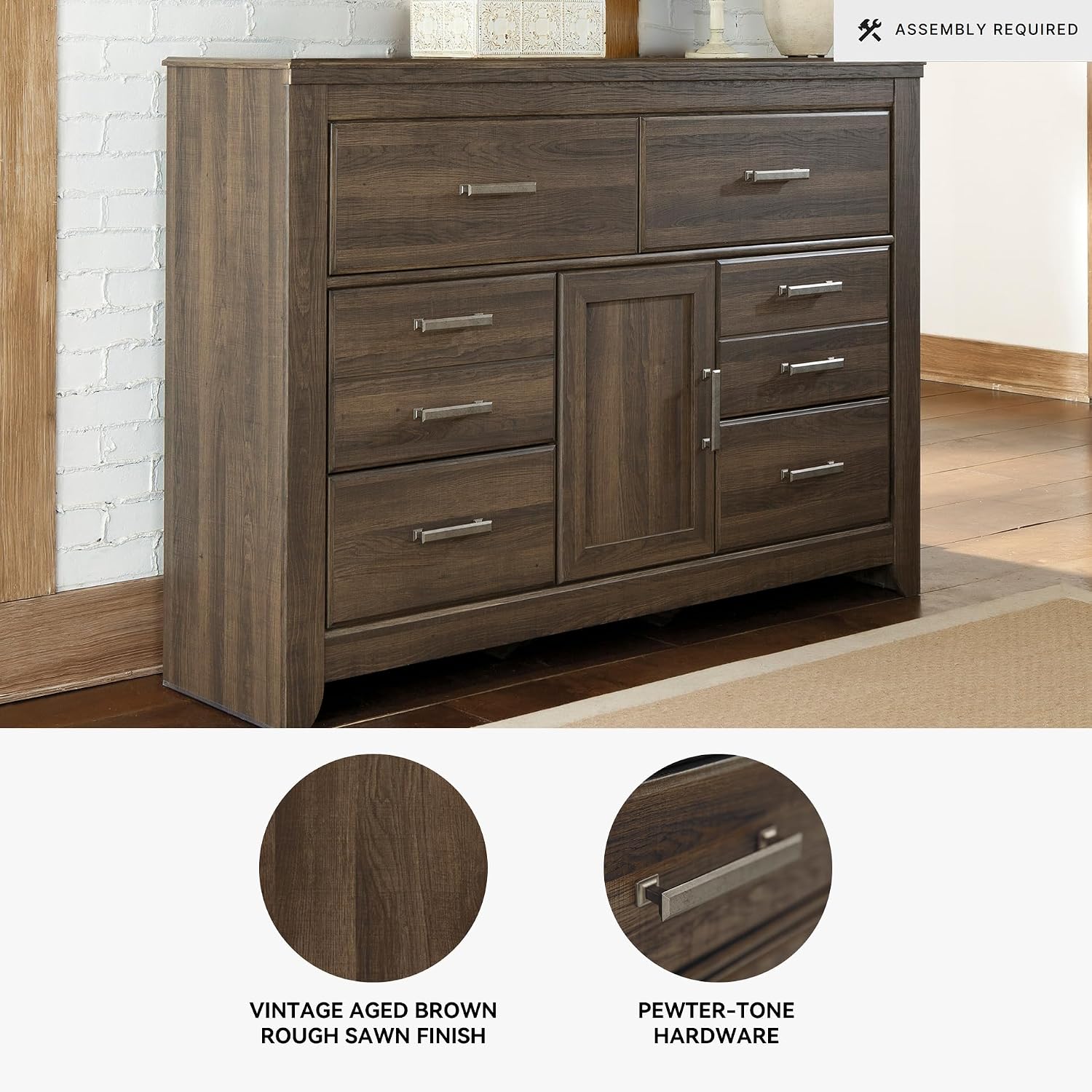 Signature Design by Ashley Juararo Rustic 6 Drawer Dresser with 1 Cabinet & Adjustable Shelf, Dark Brown