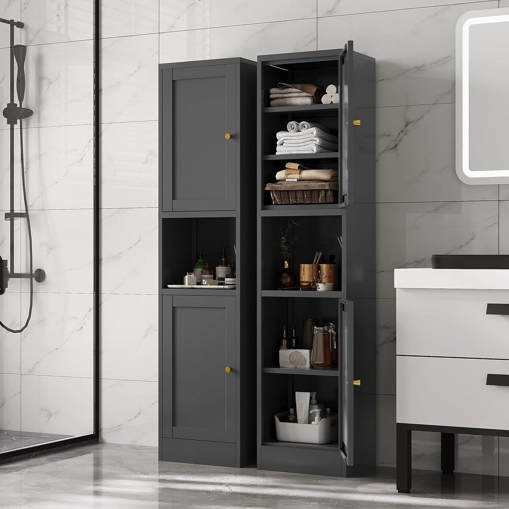 67' Tall Narrow Storage Cabinet with Doors and Open Shelf,Metal Pantry Cabinet,Shaker Style Slim Cabinet with Adjustable Shelves,for Bathroom Kitchen Laundry Small Spaces, Black, 1Pc