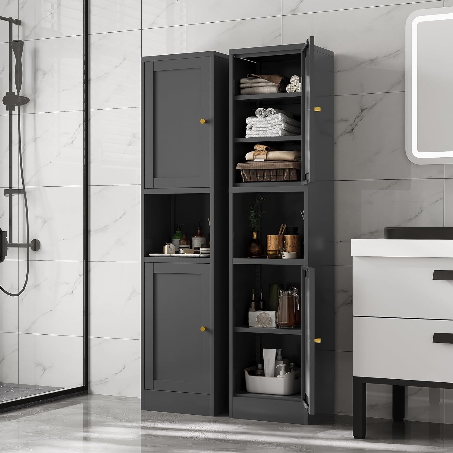 67' Tall Narrow Storage Cabinet with Doors and Open Shelf,Metal Pantry Cabinet,Shaker Style Slim Cabinet with Adjustable Shelves,for Bathroom Kitchen Laundry Small Spaces, Black, 1Pc