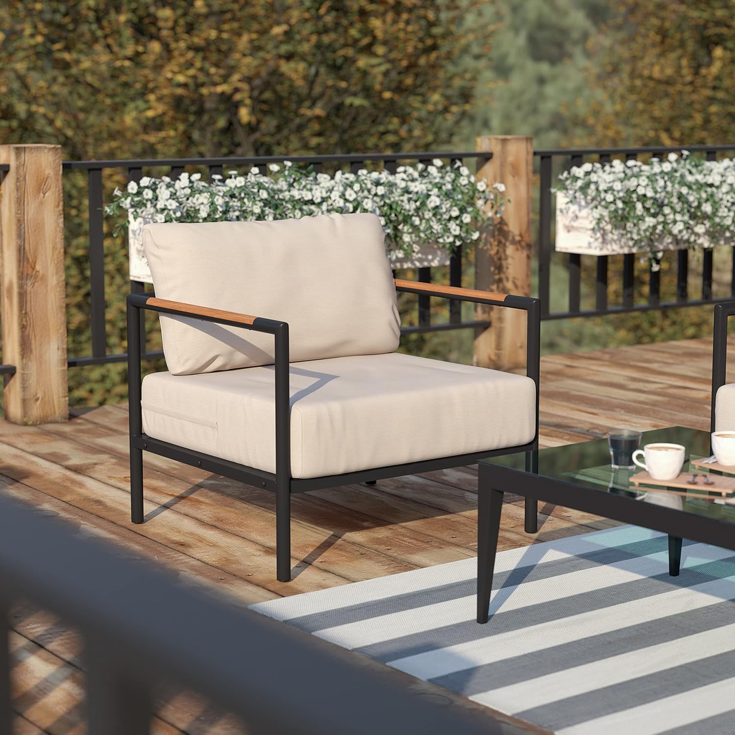 Flash Furniture Lea Indoor/Outdoor Patio Chair with Cushions - Modern Aluminum Framed Chair with Teak Accented Arms, Black with Beige Cushions