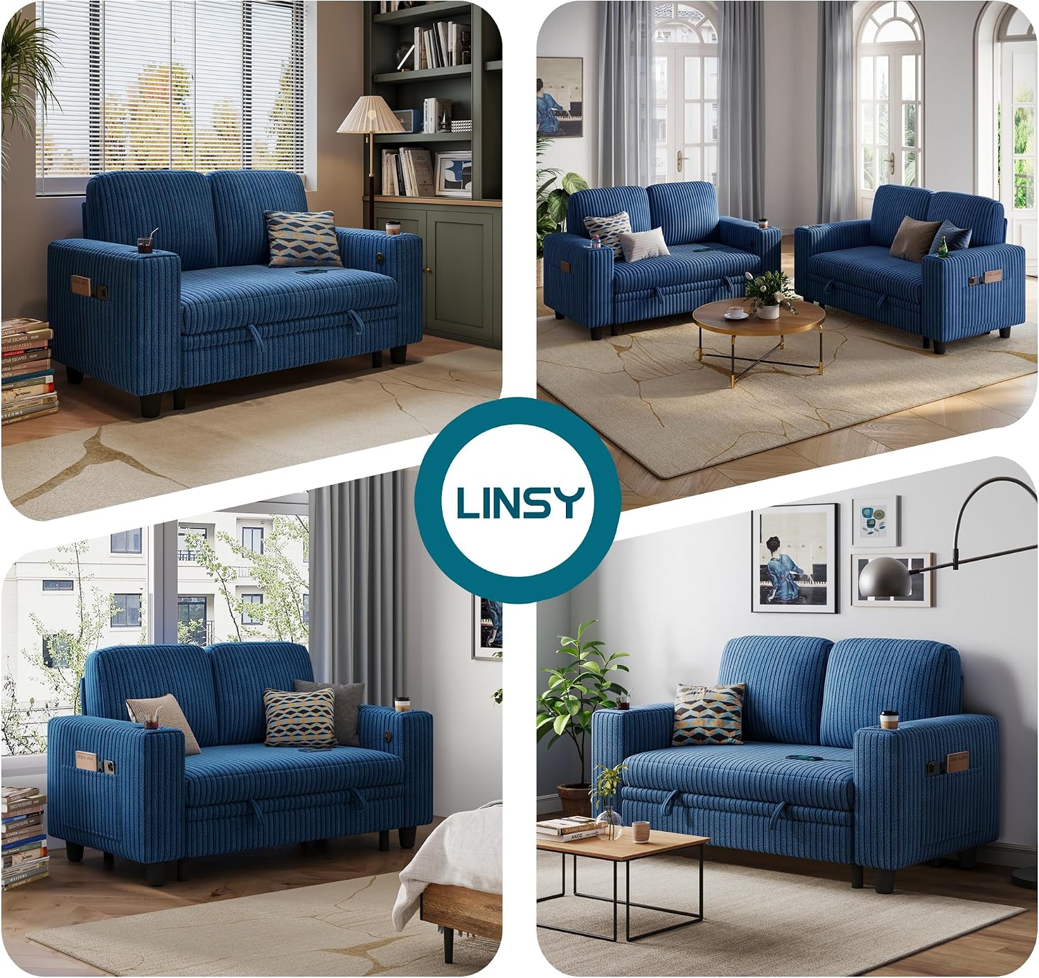 LINSY HOME Loveseat Sofa with Storage, Plush Corduroy Love Seat Couch Sectional Couches for Small Space Living Room Apartment Bedroom (Blue)