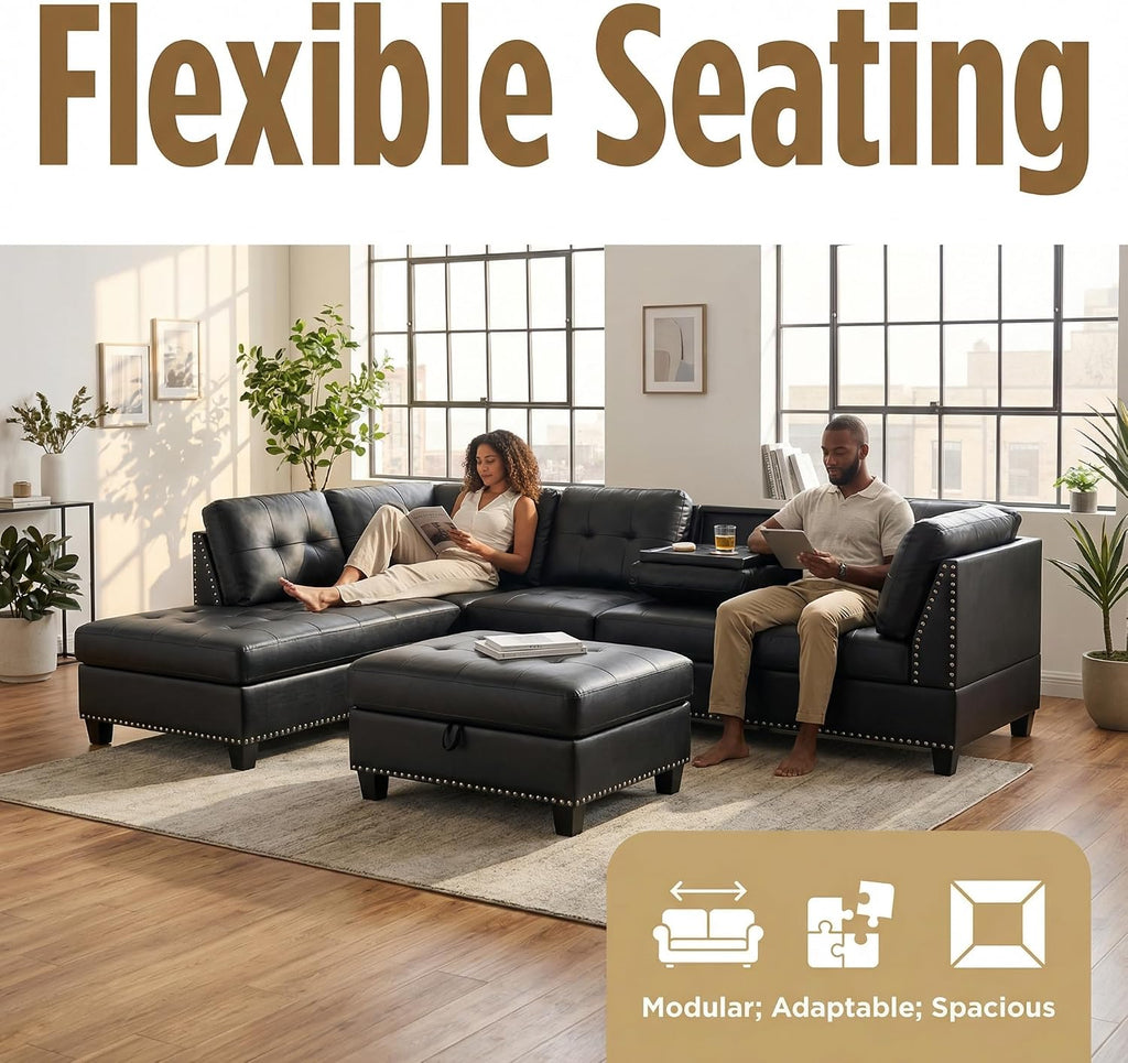 L-Shaped Sectional Sofa with Movable Chaise & Storage Ottoman - 3-Piece Leather Modular Convertible Couch for Living Room, Apartment & Home Office, Gloss Black