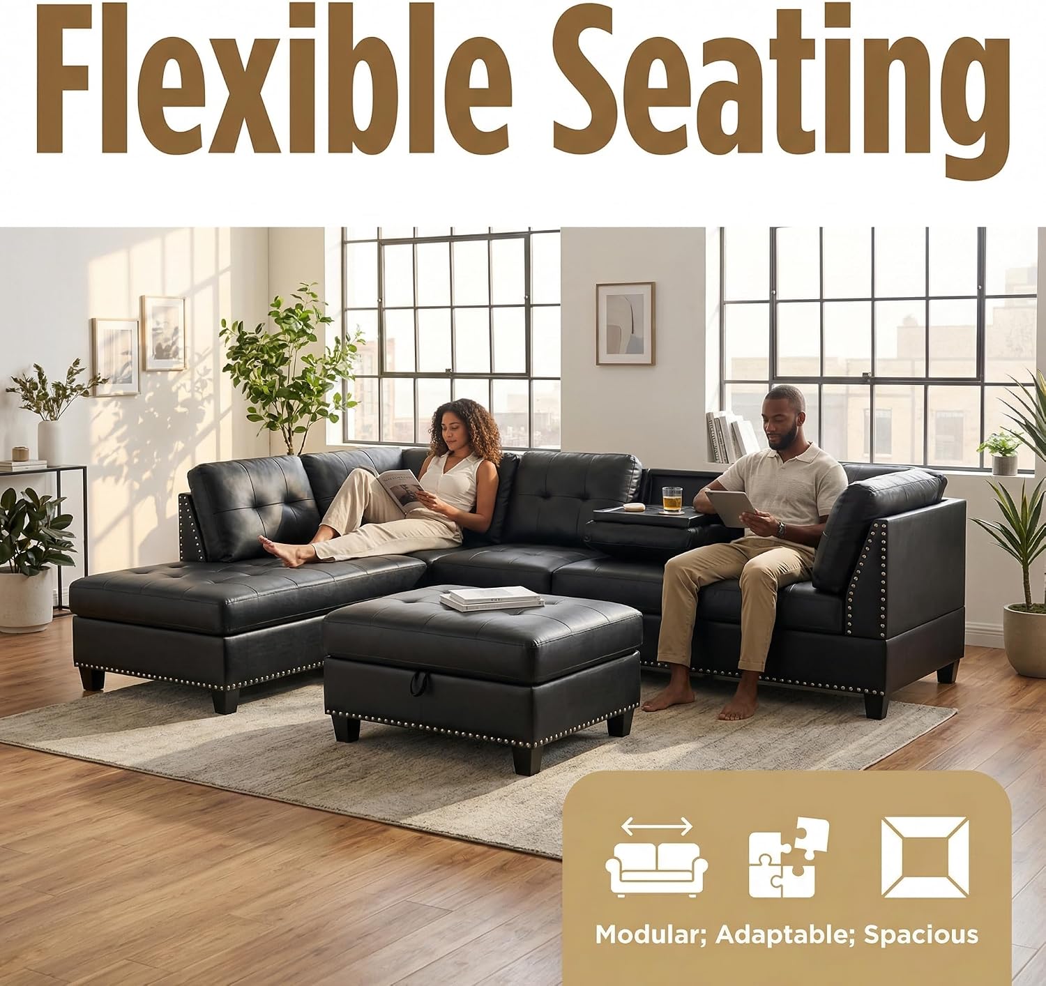 L-Shaped Sectional Sofa with Movable Chaise & Storage Ottoman - 3-Piece Leather Modular Convertible Couch for Living Room, Apartment & Home Office, Gloss Black
