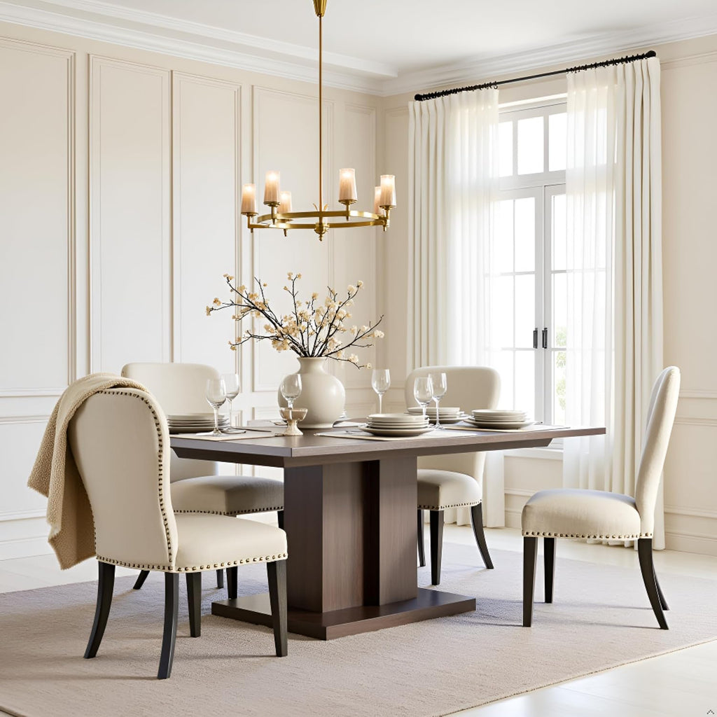 Savoy Upholstered Dining Chairs – Set of 2 Parsons Style Accent Chairs with Cream Linen Fabric, Nailhead Trim, and Dark Stained Legs – for Dining Room, Desk, or Sitting Area by Alaterre Furniture