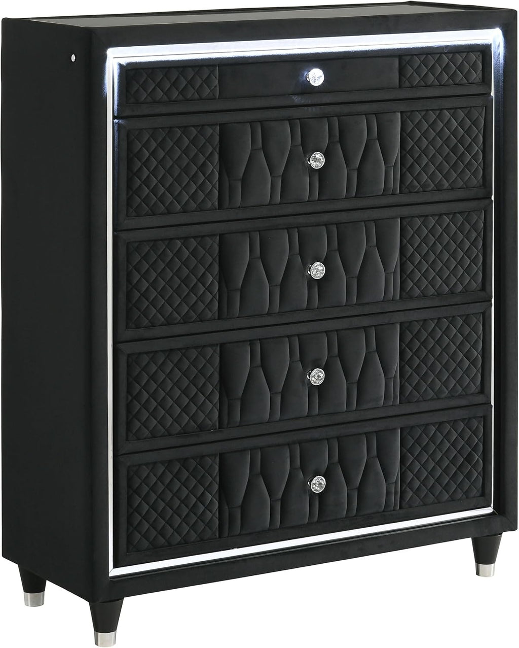 Coaster Home Furnishings - Lorient - Wood and Velvet - 5-Drawer Chest with Built-in LED Lighting, Crystal Knobs and English Dovetail Joinery - Bedroom - Black - 223165