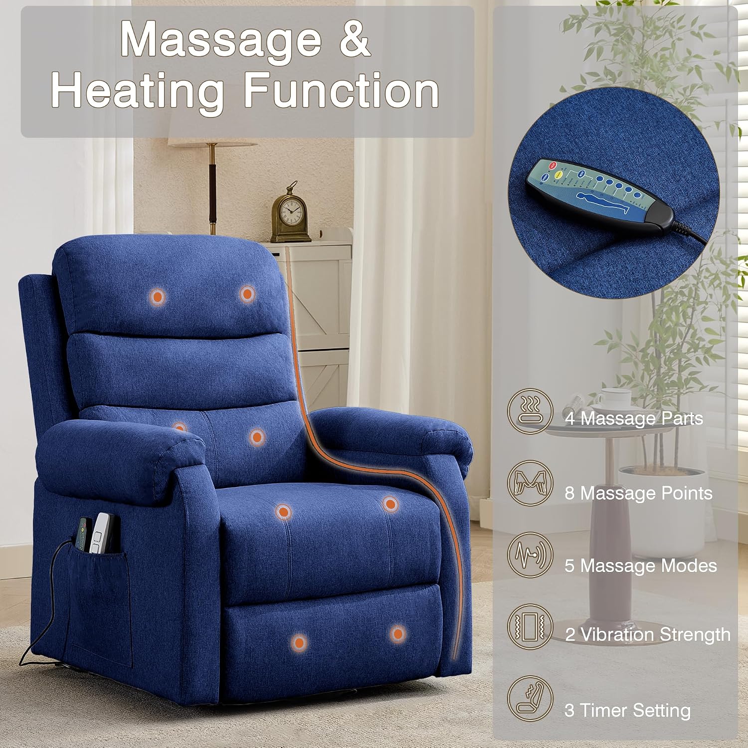 LOUVIXA Power Lift Recliner Chair Recliners for Elderly with Heat and Massage Recliner Chair for Living Room with Infinite Position and Side Pocket, USB Charge Port (Dark Blue)