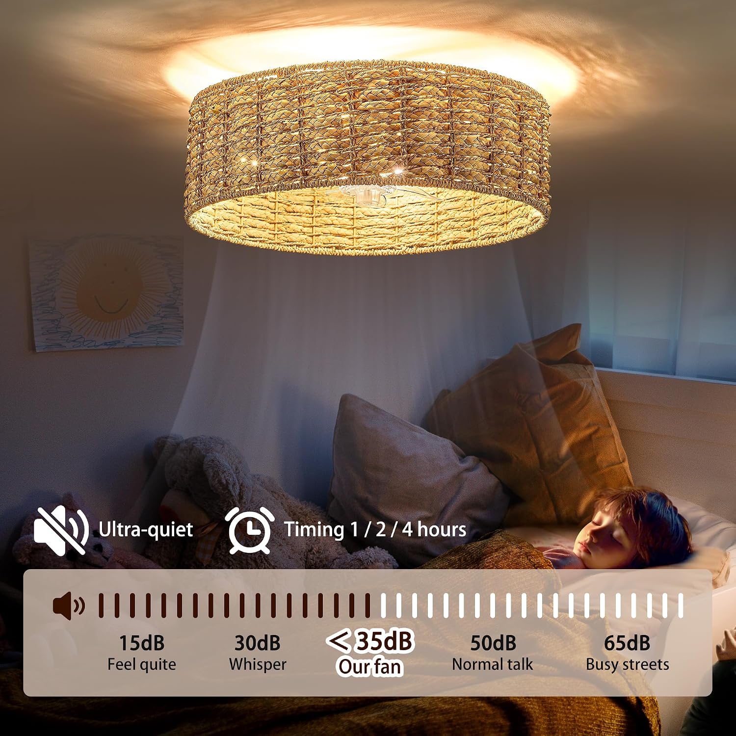 20' Fandelier Rattan Boho Ceiling Fans ，Rattan chandelier，Boho， Remote Control, 6 Speeds, Handwoven，also has 1 hour/2 hours/4 hours timer off function，for Bedroom, Living Room, Dining Room, Yoga Room