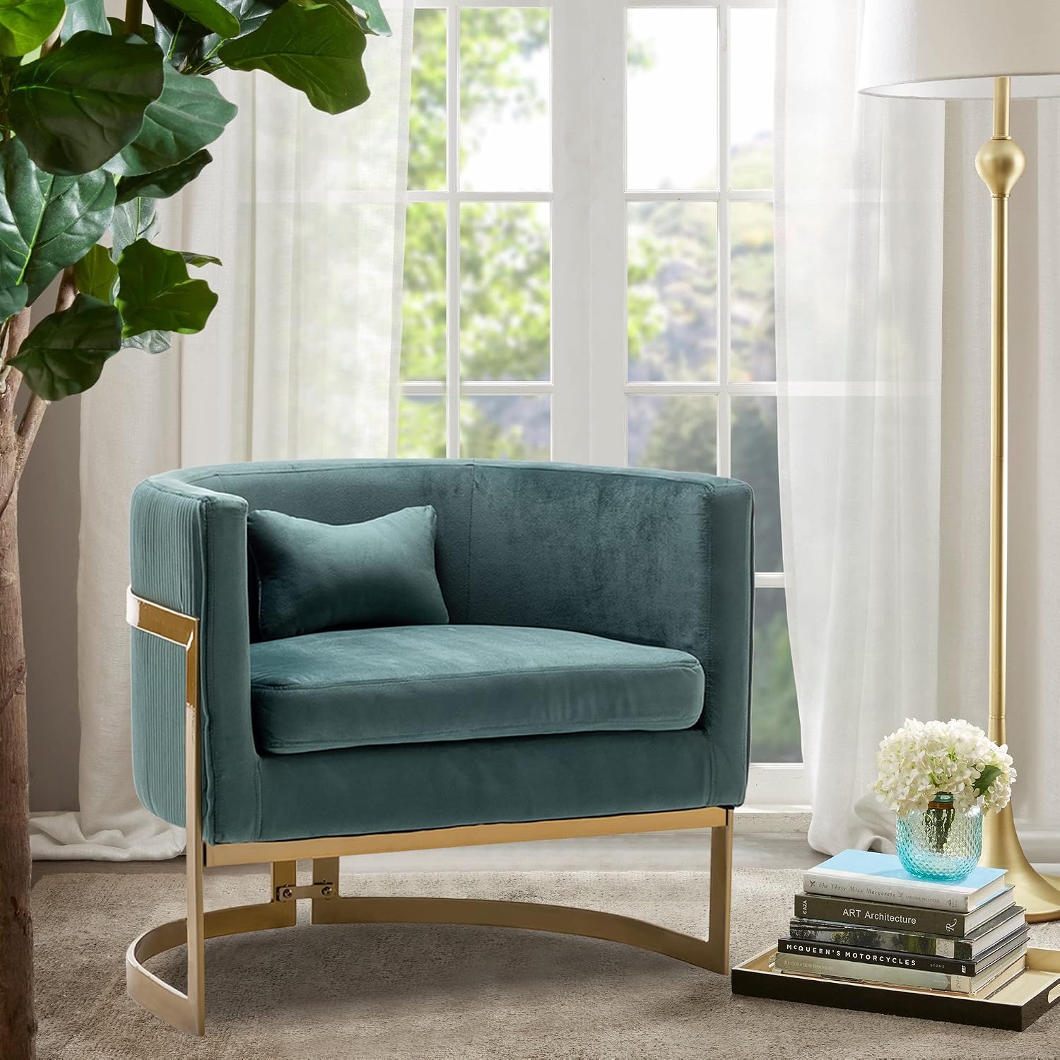 Velvet Accent Chair, Modern Upholstered Arm Chair for Living Room Bedroom Sofa Side Chair Velvet Barrel Chair with Gold Legs Lake Blue