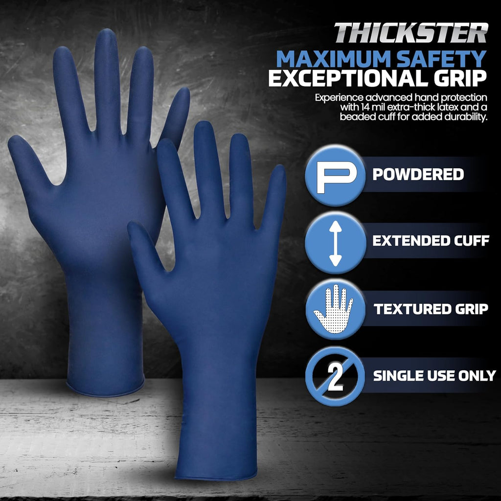SAS Thickster Powdered Latex Disposable Gloves - 10 Boxes / 50 Ea. 500 Gloves Total. 14 Mil, XL, Blue. Fully Textured. 12' Length. Puncture Resistant