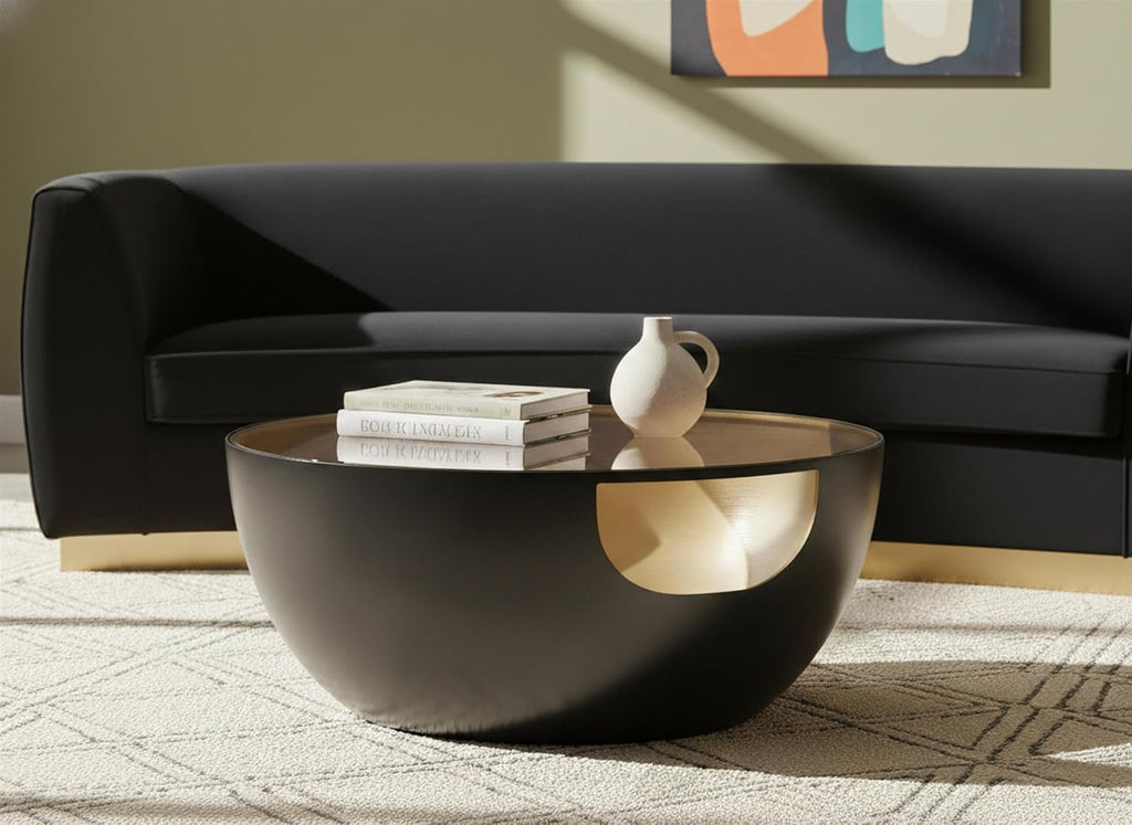 Meridian Furniture 286-CT DOMA Collection Glass Top Matte Black Metal Coffee Table with Brushed Gold Interior, 32' W x 32' D x 15' H