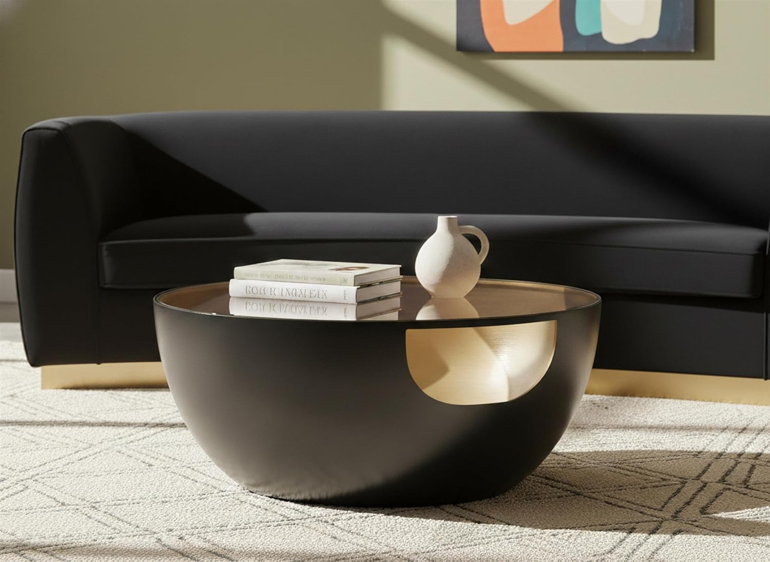 Meridian Furniture 286-CT DOMA Collection Glass Top Matte Black Metal Coffee Table with Brushed Gold Interior, 32' W x 32' D x 15' H