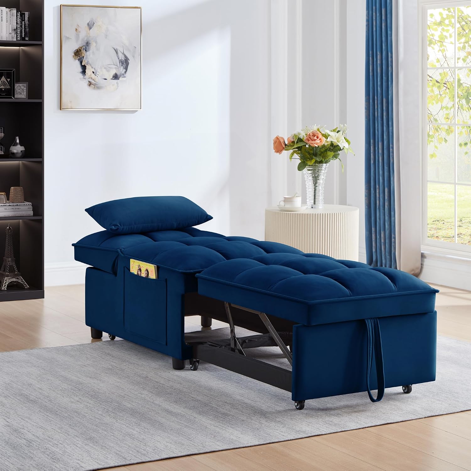 3 in 1 Convertible Sleeper Sofa Chair, Velvet Tufted Single Pull Out Couch Bed with Adjustable Backrest and Pillow, Multi-Function Chaise Lounge with Pockets, for Livingroom, Home Office,Navy
