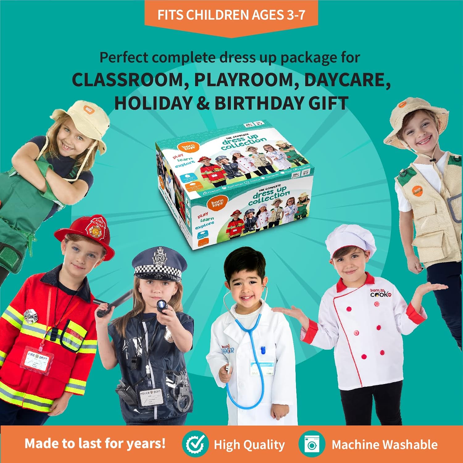 Born Toys Dress Up & Pretend Play Kids Costumes Set Ages 3-7, Washable Kids Dress Up Clothes for Little Girls & Boys