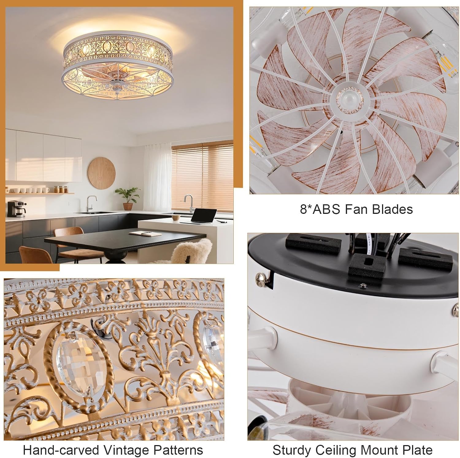 French Country Shabby Chic Crystal Fandelier, Cottage Flush Mount Ceiling Fan with Lights and Remote, Decorative Enclosed Fan for Girls Room, Nursery, Small Bedrooms
