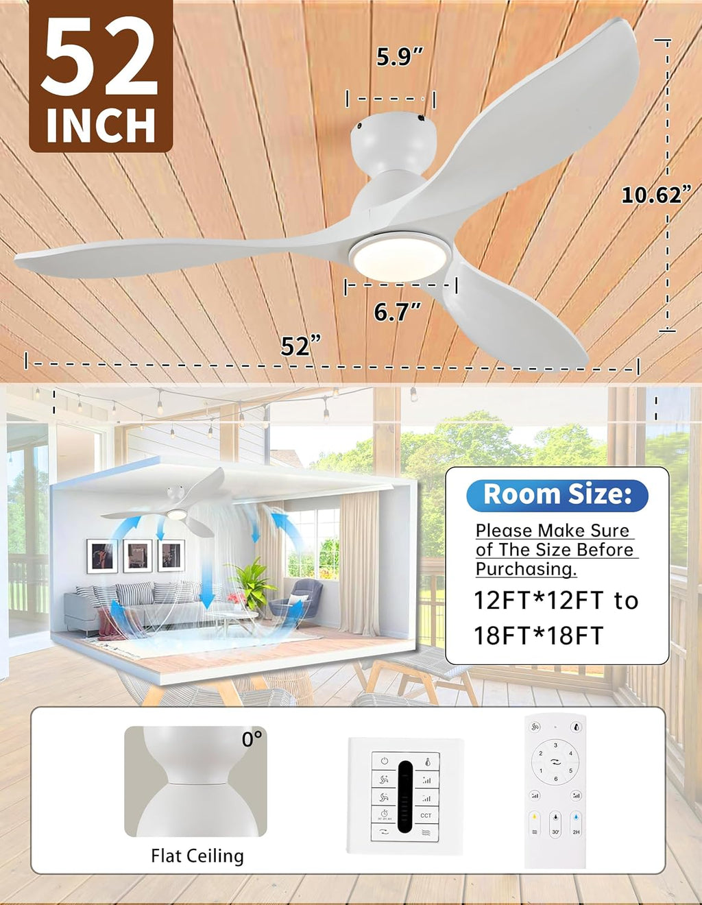 52 Inch Flush Mount Ceiling Fans with Lights and Remote,White Low Profile Ceiling Fan with Light,3 Blade,Dimmable,Quiet Noiseless DC Motor for Patios,Living Room,Bedroom(Wall Control Switch)