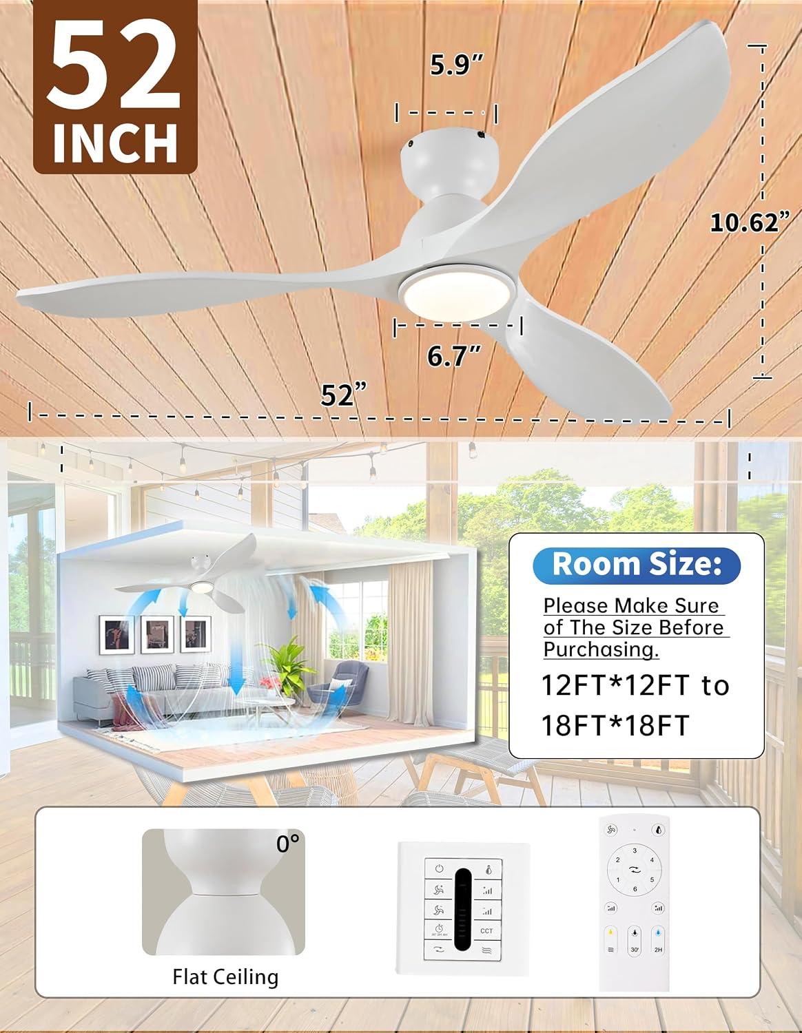 52 Inch Flush Mount Ceiling Fans with Lights and Remote,White Low Profile Ceiling Fan with Light,3 Blade,Dimmable,Quiet Noiseless DC Motor for Patios,Living Room,Bedroom(Wall Control Switch)
