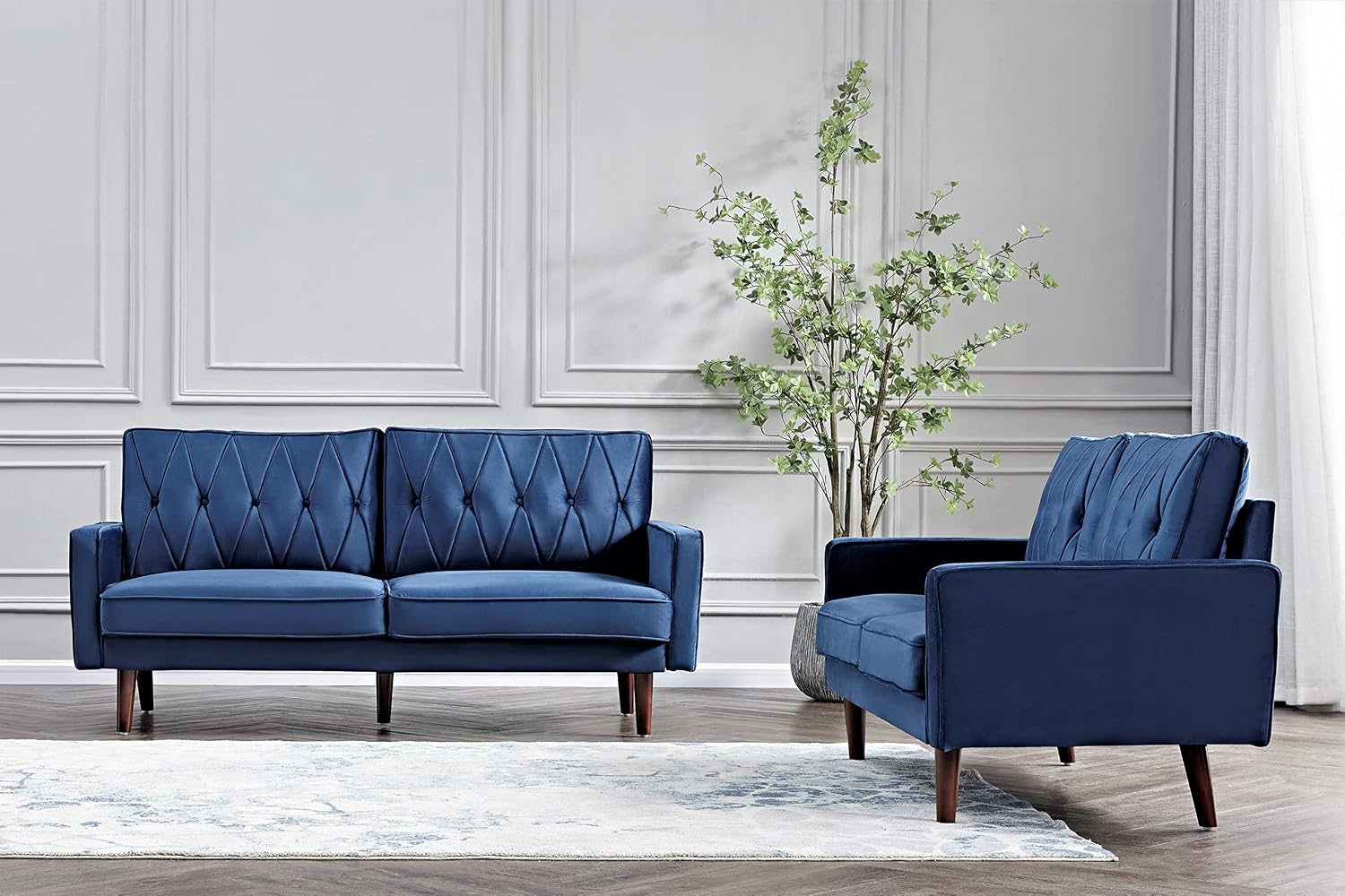 Container Furniture Modern Style Tufted Velvet Couches for Living Room with Soft Fabric Upholstery and Solid Wood Frame, 2 Piece Sofa and Loveseat Set, Dark Blue