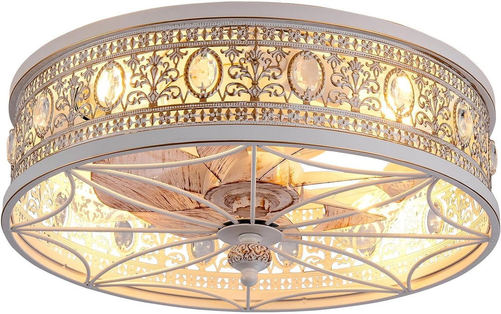French Country Shabby Chic Crystal Fandelier, Cottage Flush Mount Ceiling Fan with Lights and Remote, Decorative Enclosed Fan for Girls Room, Nursery, Small Bedrooms