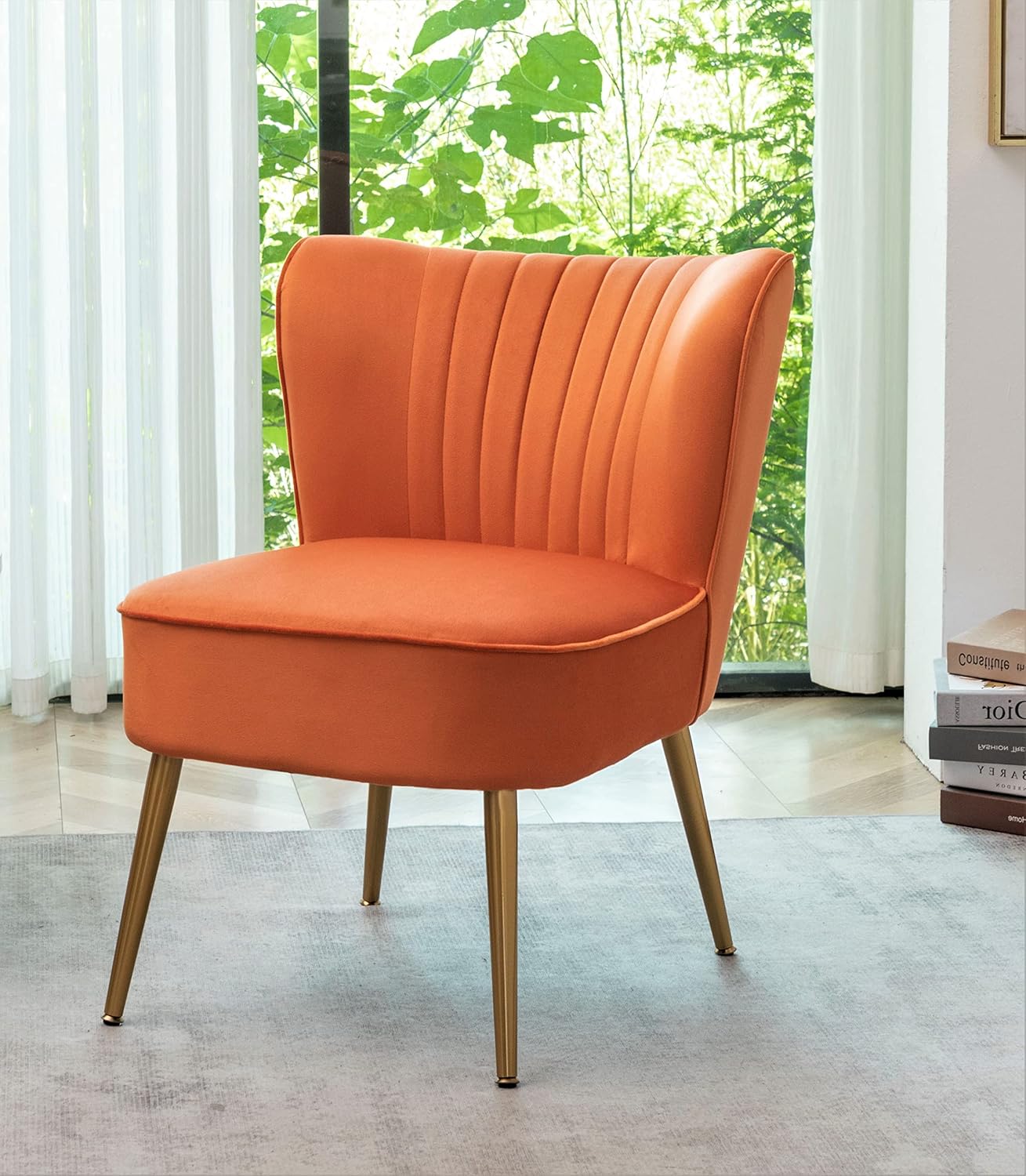 Container Furniture Direct Modern Velvet Accent Chair for Living Room, Bedroom, or Entryway, Stylish and Comfortable Armless Design with Metal Legs, Orange Red