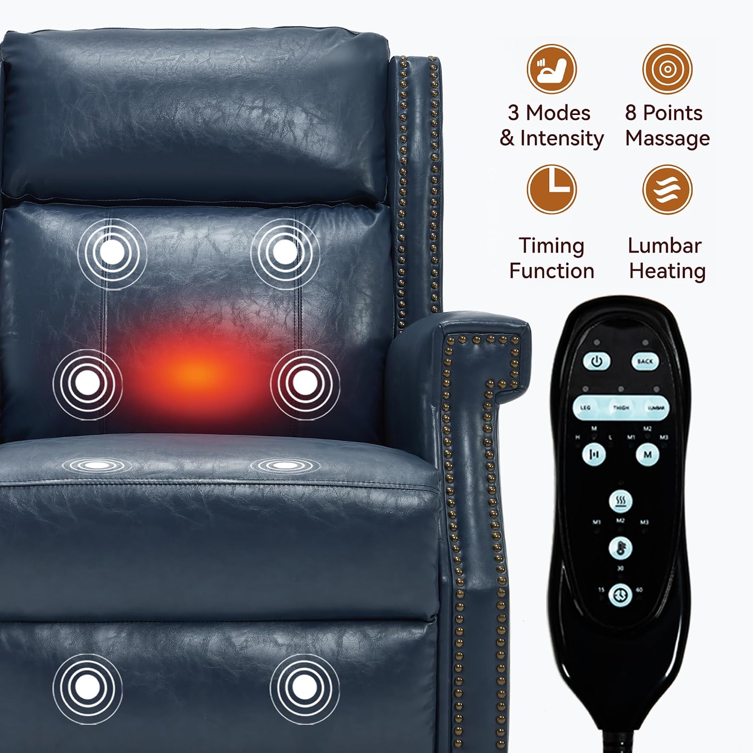 KEIKI Mid Century Modern Oversized Recliner Accent Chair for Adults, Manual Leather Recliner Chair with Back Massager and Heating for Living Room, Apartment Rocking Reading Chairs for Adults, Blue
