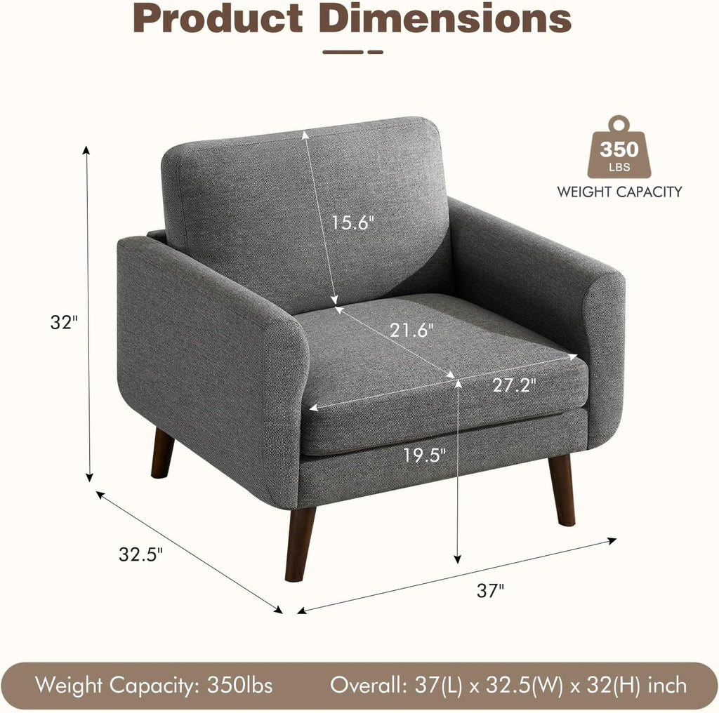 Oversized Accent Chair for Living Room, 37' Mid-Century Modern Comfy Reading Chair, Linen Fabric Solid Wood Frame Armchair, Upholstered Grey Bedroom Accent Chairs Set of 2 for Adults