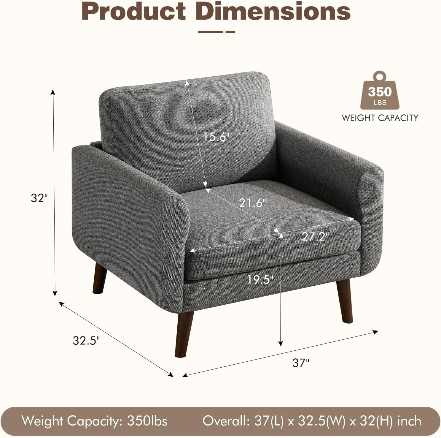 Oversized Accent Chair for Living Room, 37' Mid-Century Modern Comfy Reading Chair, Linen Fabric Solid Wood Frame Armchair, Upholstered Grey Bedroom Accent Chairs Set of 2 for Adults