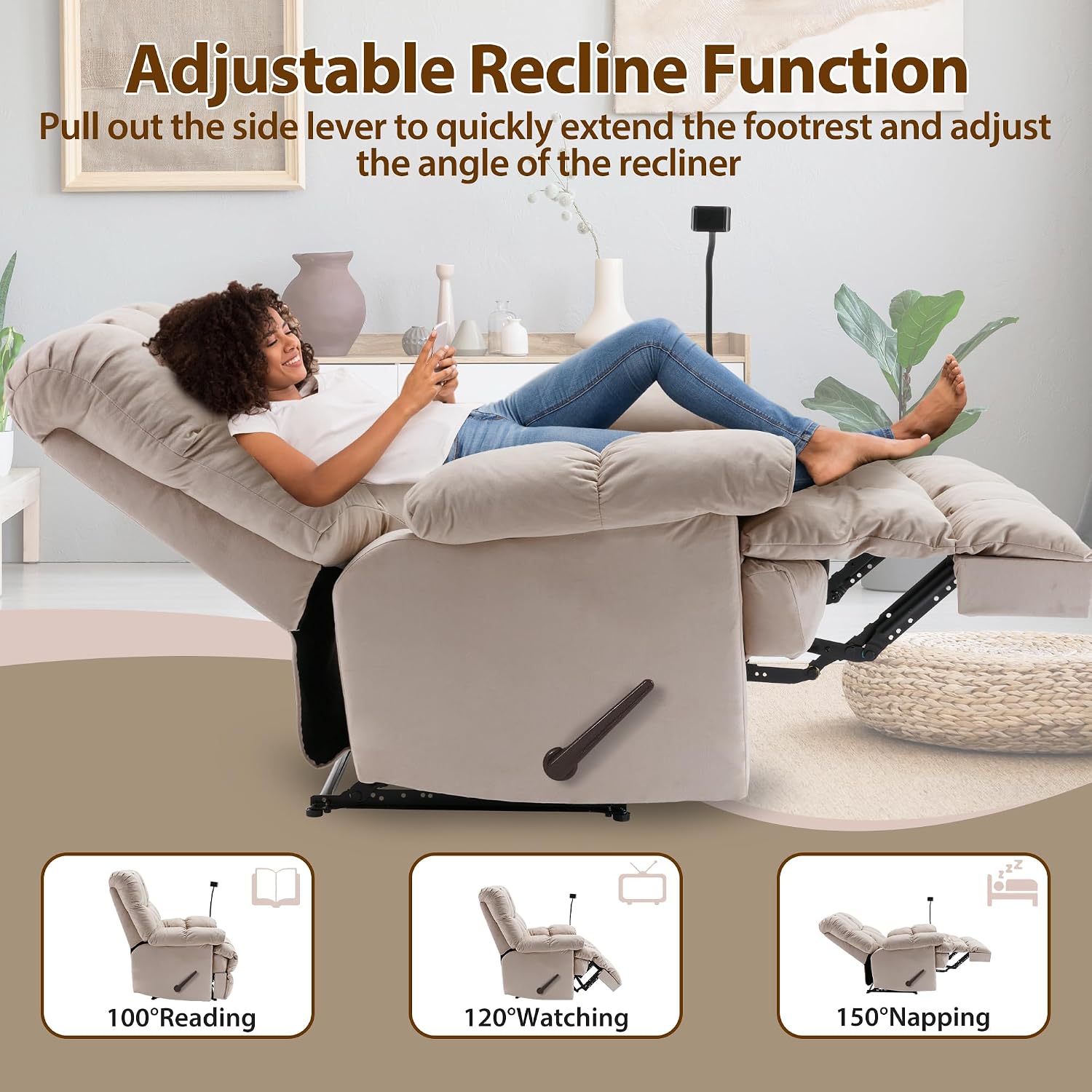 Manual Adjustable Oversized Recliner Chair with Phone Holder, Extra Large Recliner for Heavy Duty Adults 400lbs, Big Man Recliners for Living Room, Nursery, RV