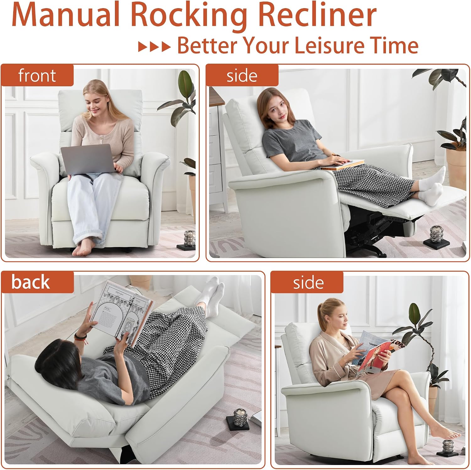 KEIKI Swivel Rocker Recliner Chair for Adults, Rocking Recliner Chair, Glider Rocking Chair, Reclining with Modern-Designed Armrests, Nursery Recliner for for Small Spaces/Living Room/Bedroom/Nursing