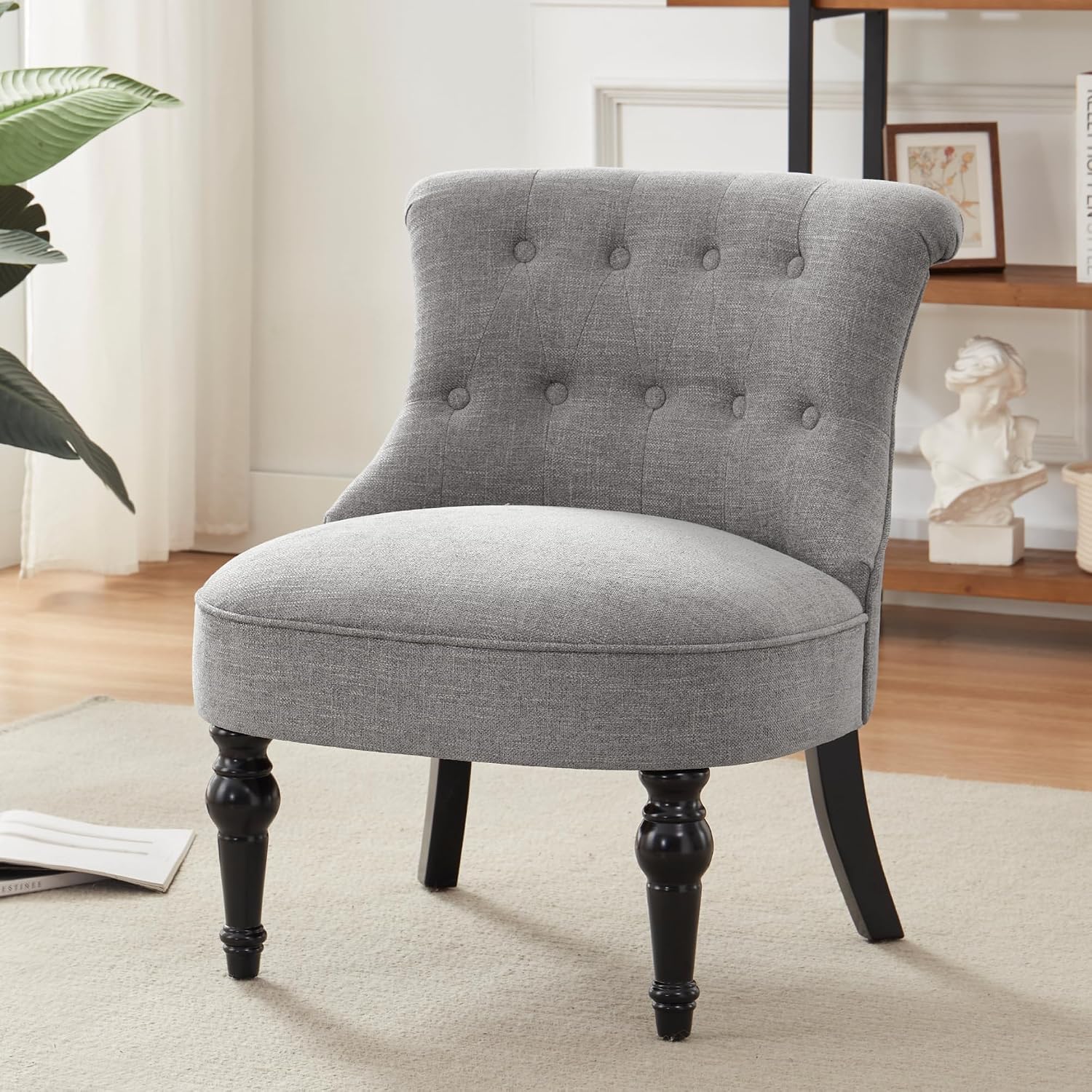 Zihanhome Armless Accent Chair, Living Room Chairs with Wooden Legs, Comfy Tufted Bedroom Chair, Upholstered Chair for Reading Rooms, Reception, Apartments and Dormitories (Grey)