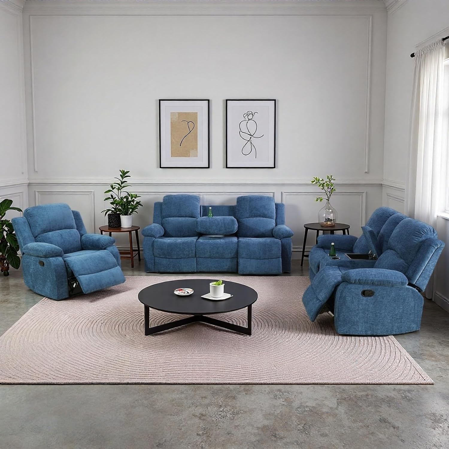Recliner Sofa Set, Fluffy Fabric Living Room Couch with Adjustable Backrest, Loveseat with Storage Console & Cup Holders, Modern Sectional Sofa with Reversible Coffee Table for Home, Blue