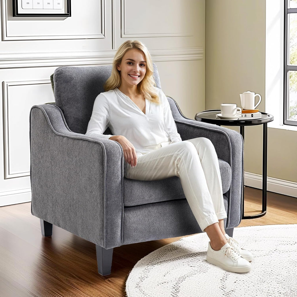 FLEXISPOT AC2 Accent Chair for Living Room, Mid Century Modern Reading Chair for Bedroom, Upholstered Armchair Comfy Single Sofa Side Chair for Office, Apartment, Small Room, Grey