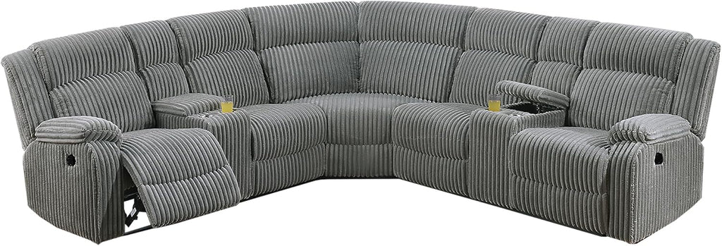 ERYE Oversized L-Shaped Power Reclining Sectional Sofa W/2 Console, Cupholders and USB Ports,Corduroy Power Motion Symmetrical Recliner Couch for Living Room Home Theater